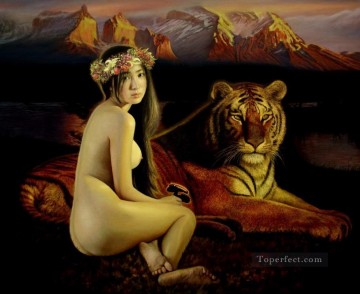 ヌード Painting - 虎と山中国少女のヌード